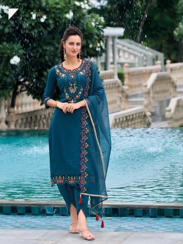 Teal Silk Handwork Suit With Tulip Pants & Silk Dupatta 22006