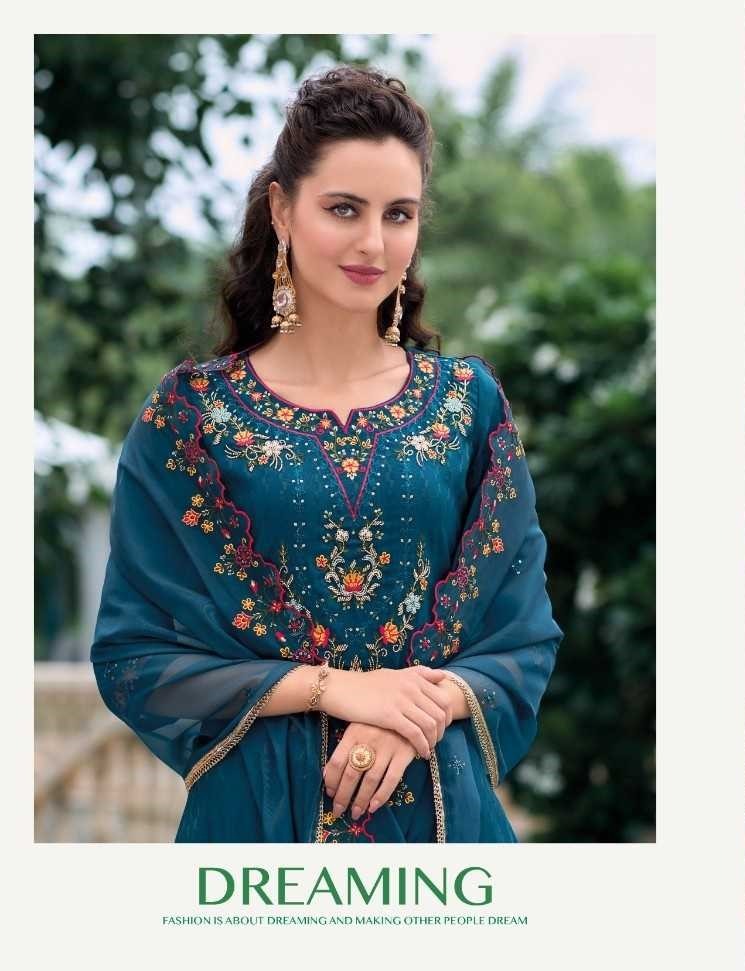 Teal Silk Handwork Suit With Tulip Pants & Silk Dupatta 22006