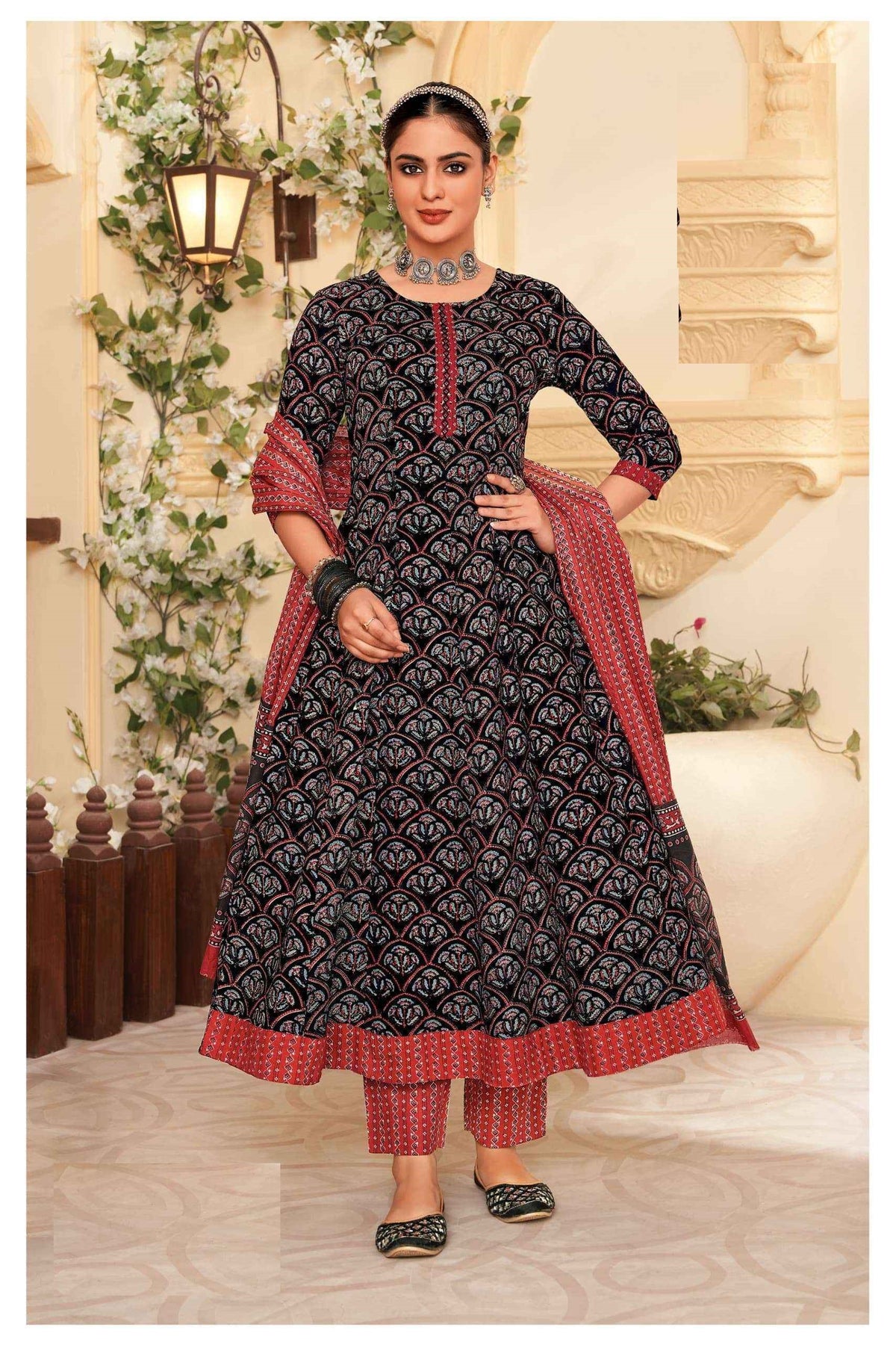 Black Pure Cotton Printed Anarkali Suit 409