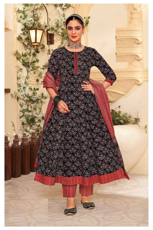 Black Pure Cotton Printed Anarkali Suit 409