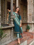 Peacock Blue Soft Silk Hand Work Top & Banarasi Bottom With Silk Dupatta Suit 23205