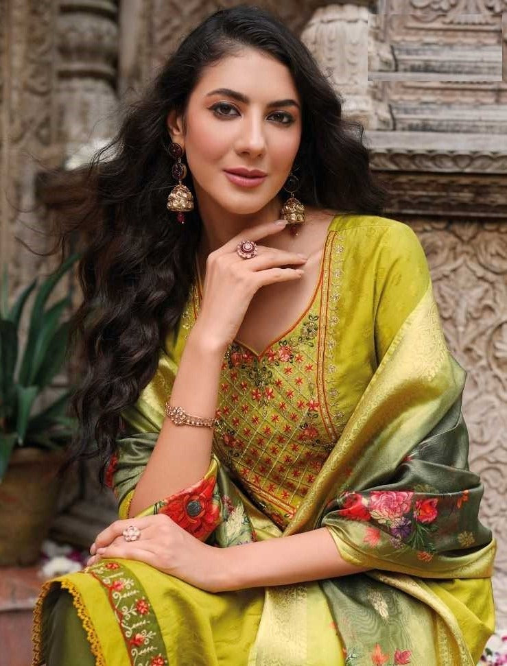 Lemon Green Soft Silk Hand Work Top & Banarasi Bottom With Silk Dupatta Suit 23206