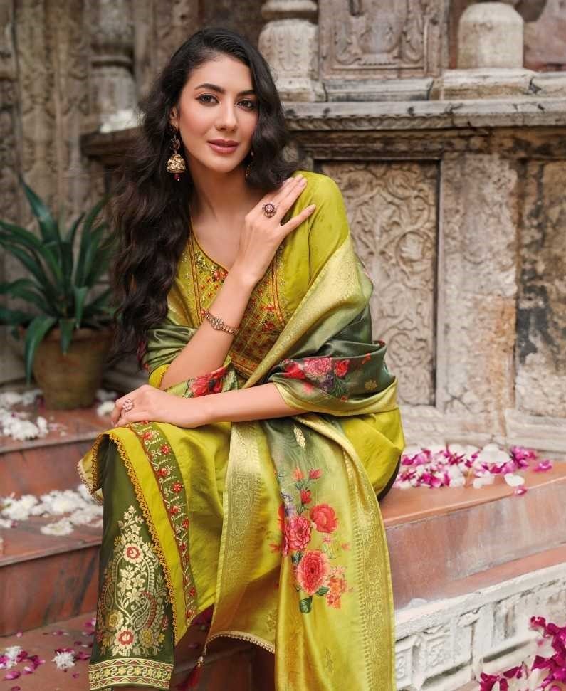 Lemon Green Soft Silk Hand Work Top & Banarasi Bottom With Silk Dupatta Suit 23206