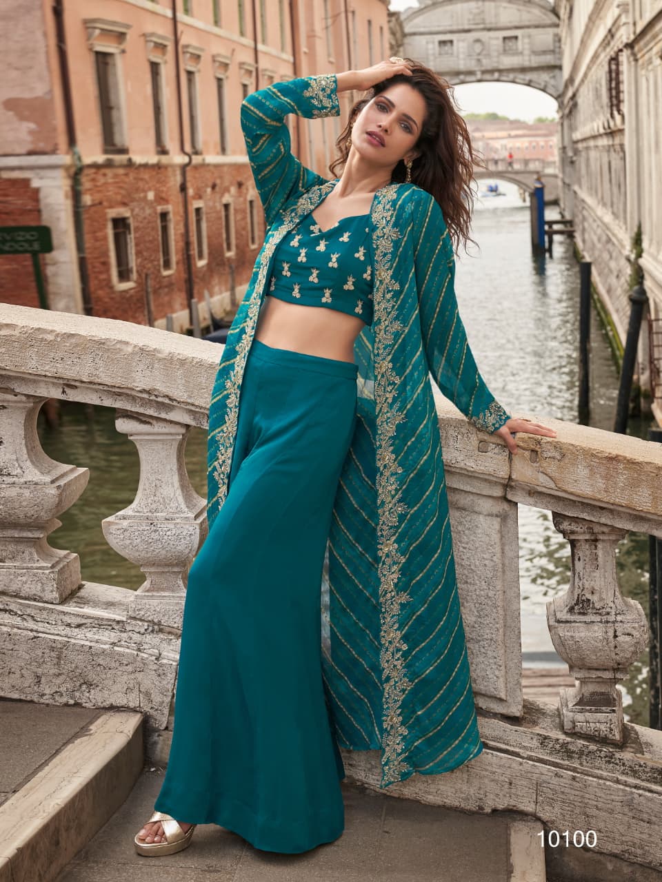 Wedding Collection Indo-Western Free Size Upto 42 Crop Top, Skirt & Shrug Set 10100