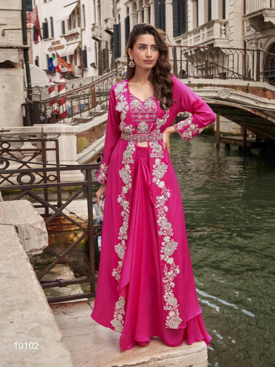 Wedding Collection Indo-Western Free Size Upto 42 Crop Top, Skirt & Shrug Set 10100