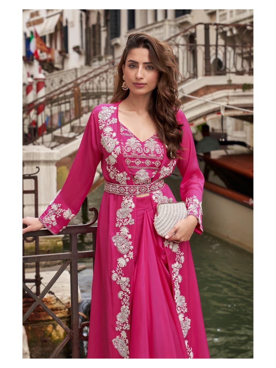 Wedding Collection Indo-Western Free Size Upto 42 Crop Top, Skirt & Shrug Set 10100