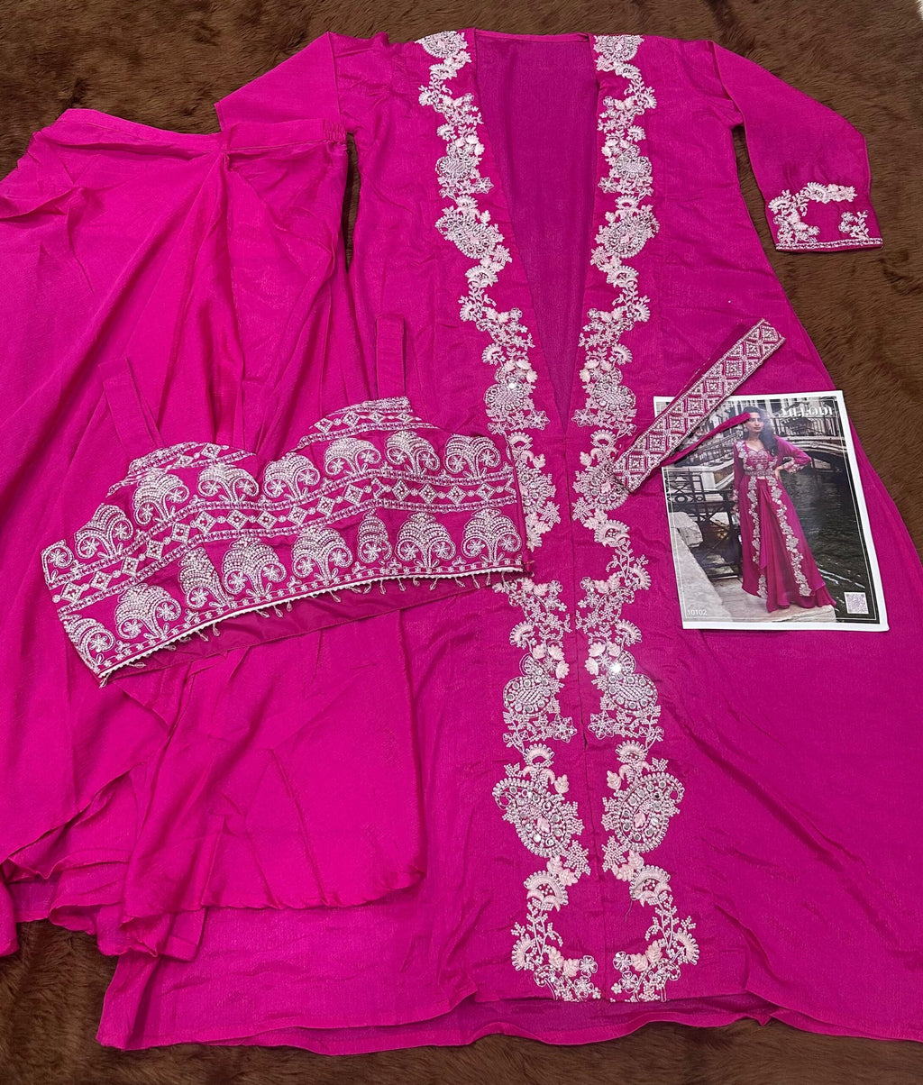 Wedding Collection Indo-Western Free Size Upto 42 Crop Top, Skirt & Shrug Set 10100