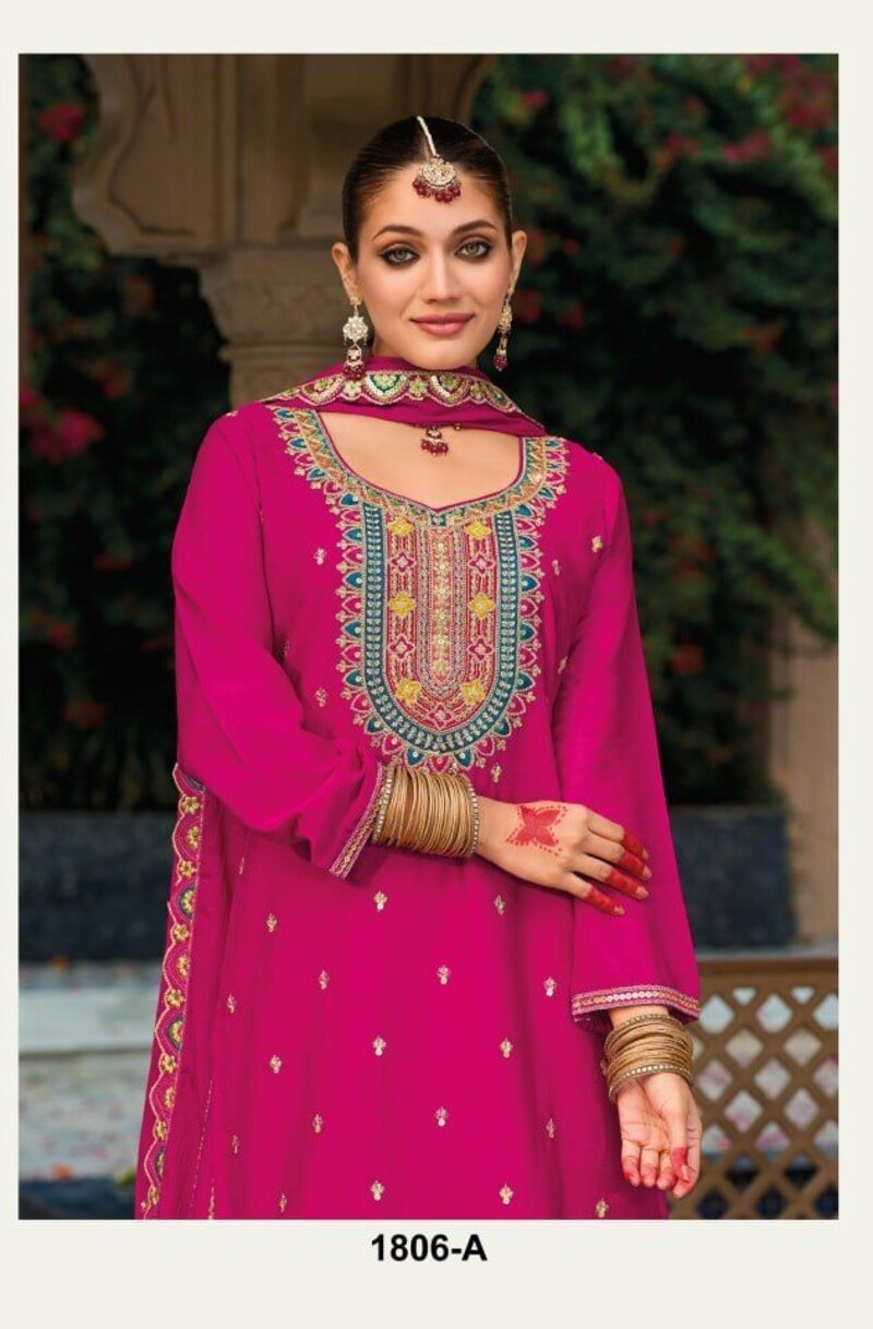 Fabulous Full Stitched Chinon Silk Palazzo Suit For Wedding 1806A