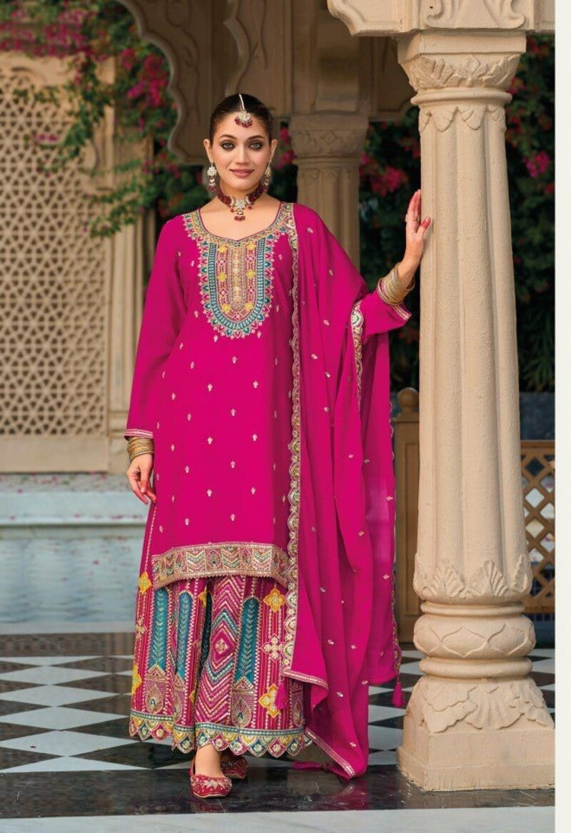 Fabulous Full Stitched Chinon Silk Palazzo Suit For Wedding 1806A