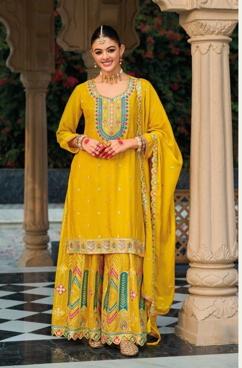 Fabulous Full Stitched Chinon Silk Palazzo Suit For Wedding 1806A