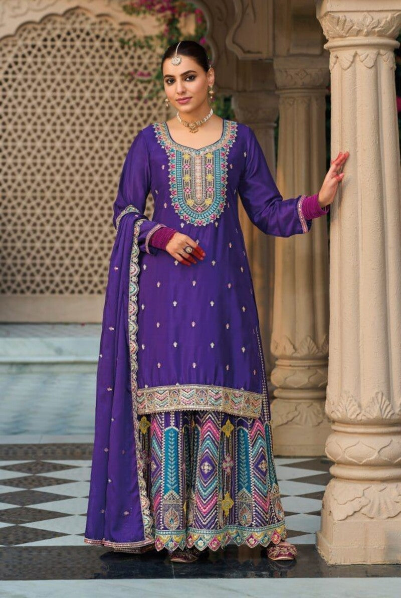 Fabulous Full Stitched Chinon Silk Palazzo Suit For Wedding 1806A