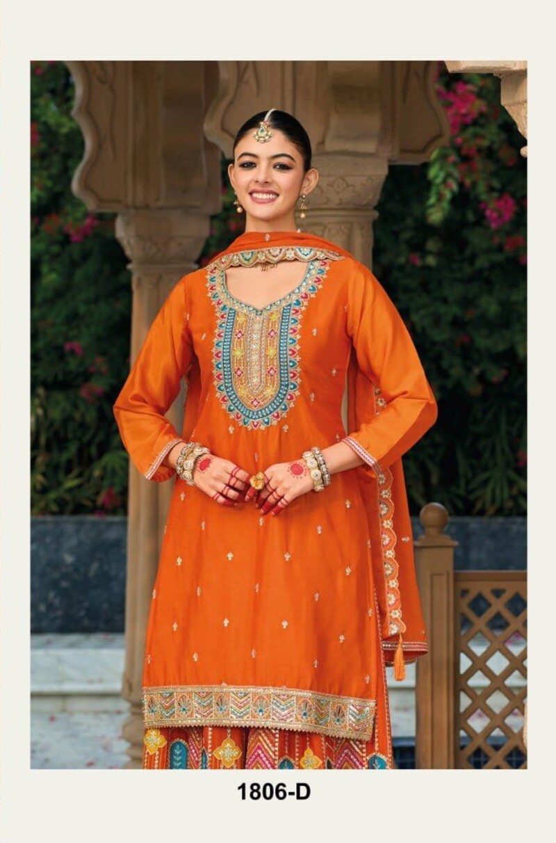 Fabulous Full Stitched Chinon Silk Palazzo Suit For Wedding 1806A