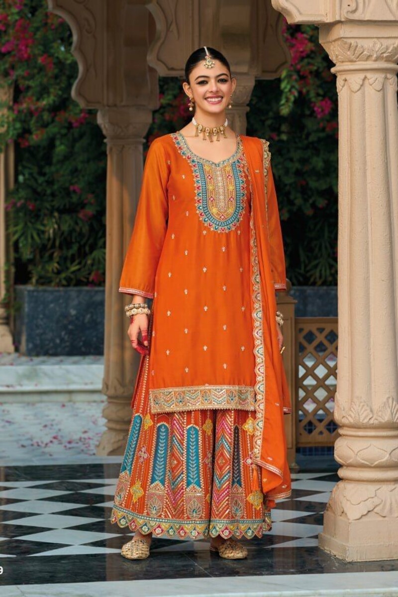Fabulous Full Stitched Chinon Silk Palazzo Suit For Wedding 1806A
