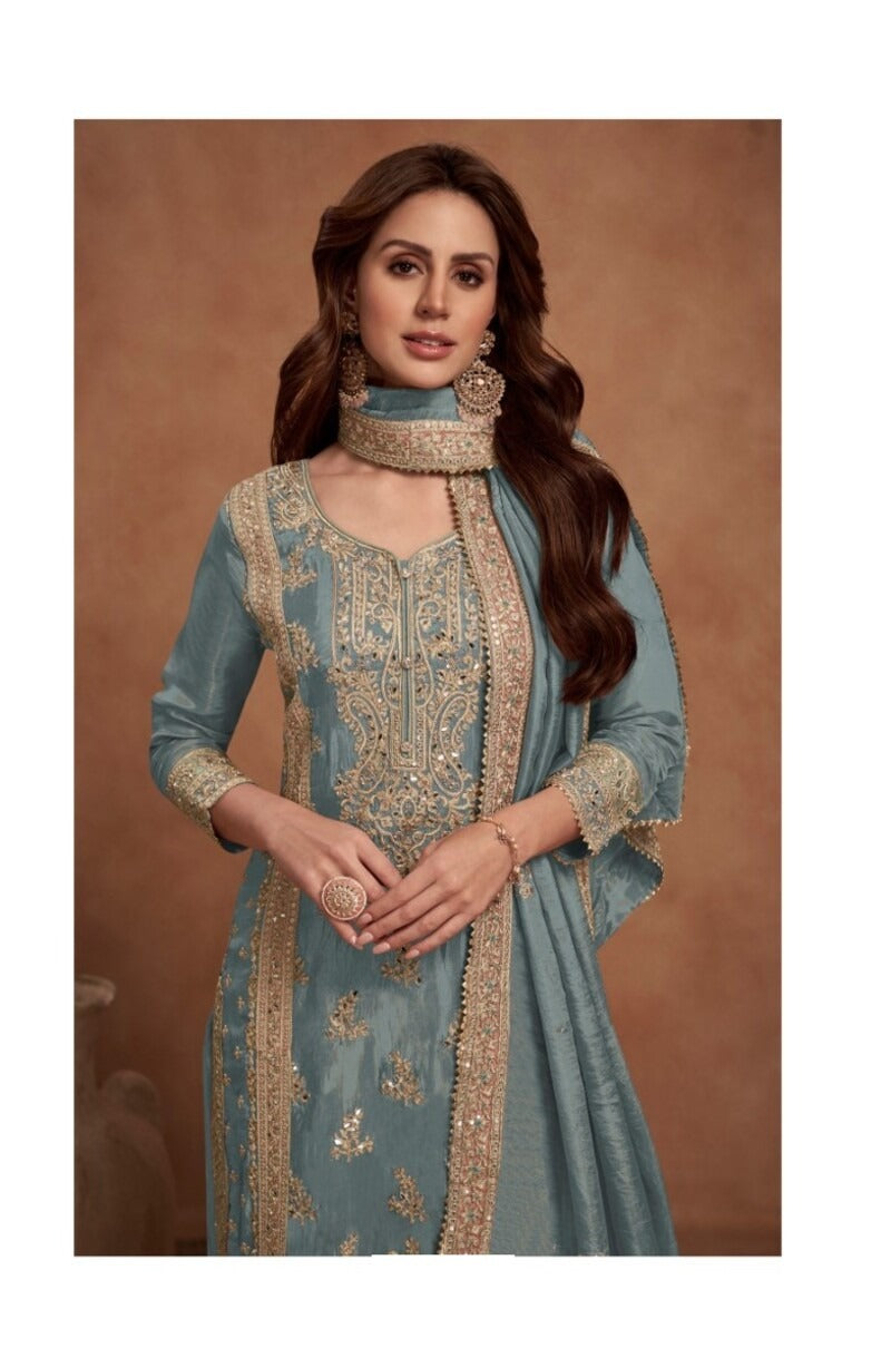 Heavy Embroidery Semi Stitched Silk Wedding Palazzo Suit 7453