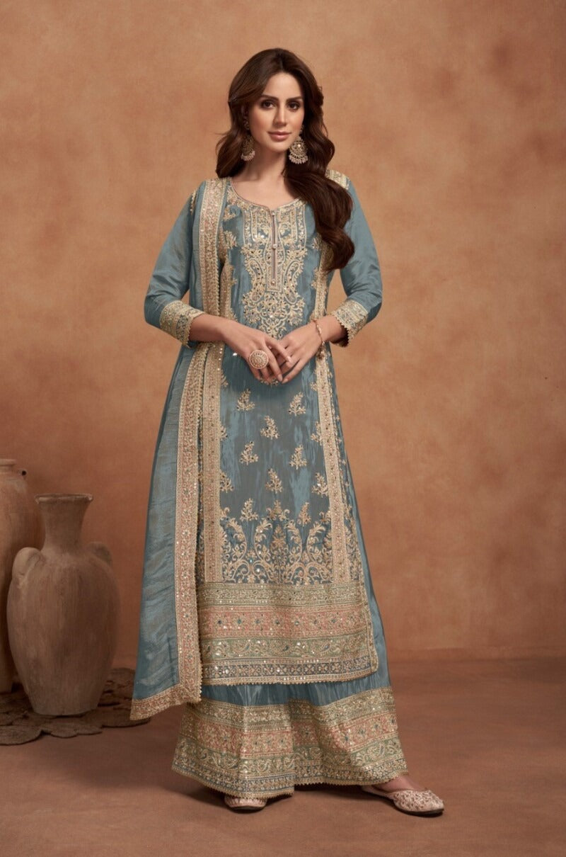 Heavy Embroidery Semi Stitched Silk Wedding Palazzo Suit 7453
