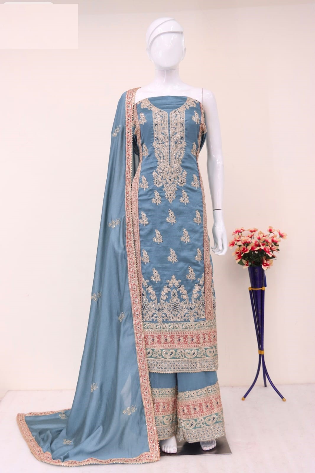 Heavy Embroidery Semi Stitched Silk Wedding Palazzo Suit 7453