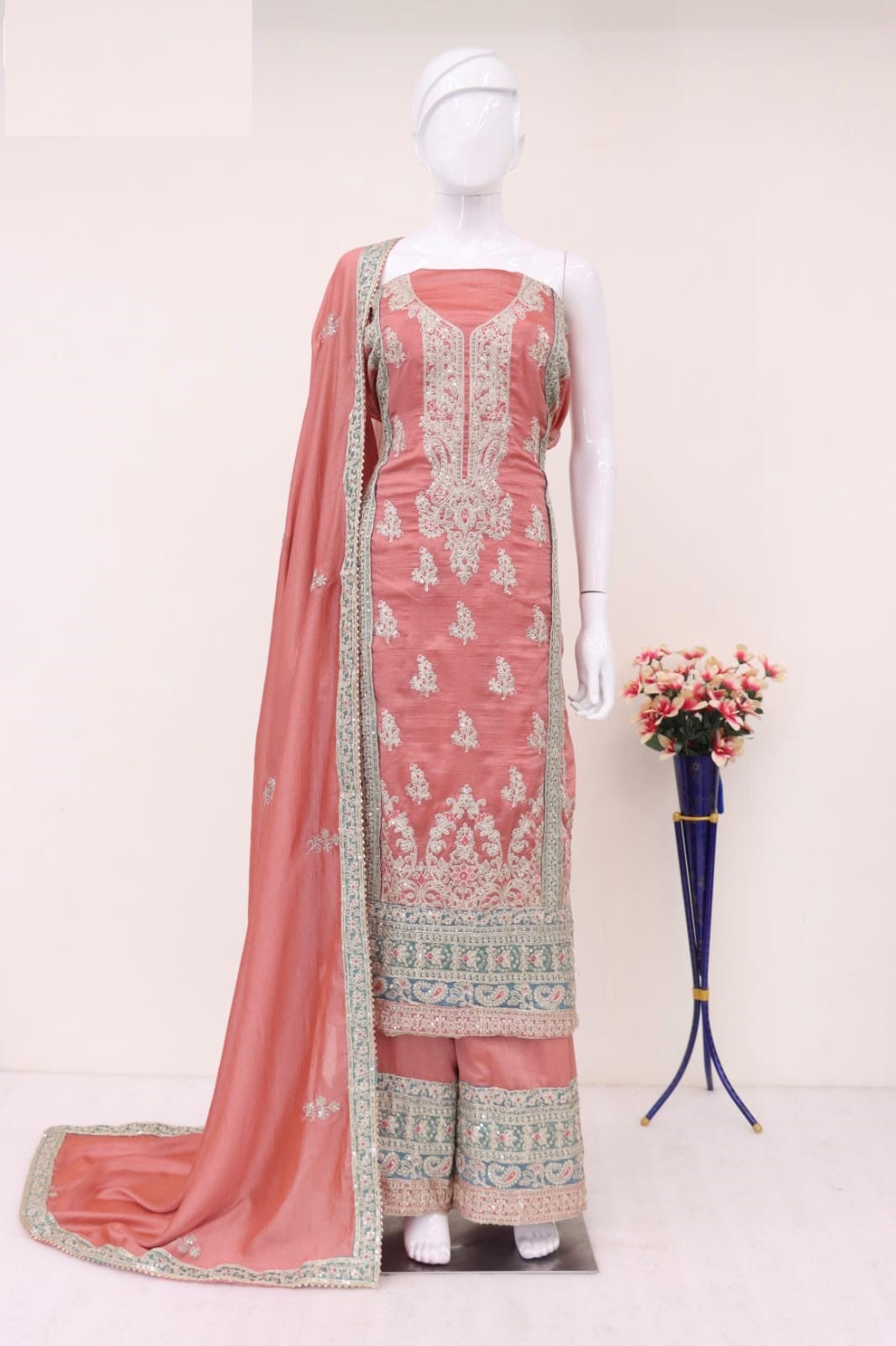 Heavy Embroidery Semi Stitched Silk Wedding Palazzo Suit 7453