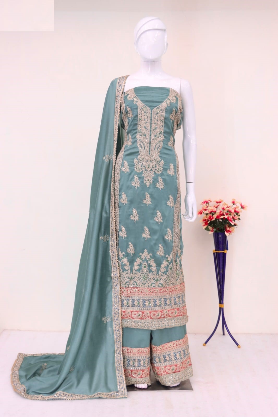 Heavy Embroidery Semi Stitched Silk Wedding Palazzo Suit 7453