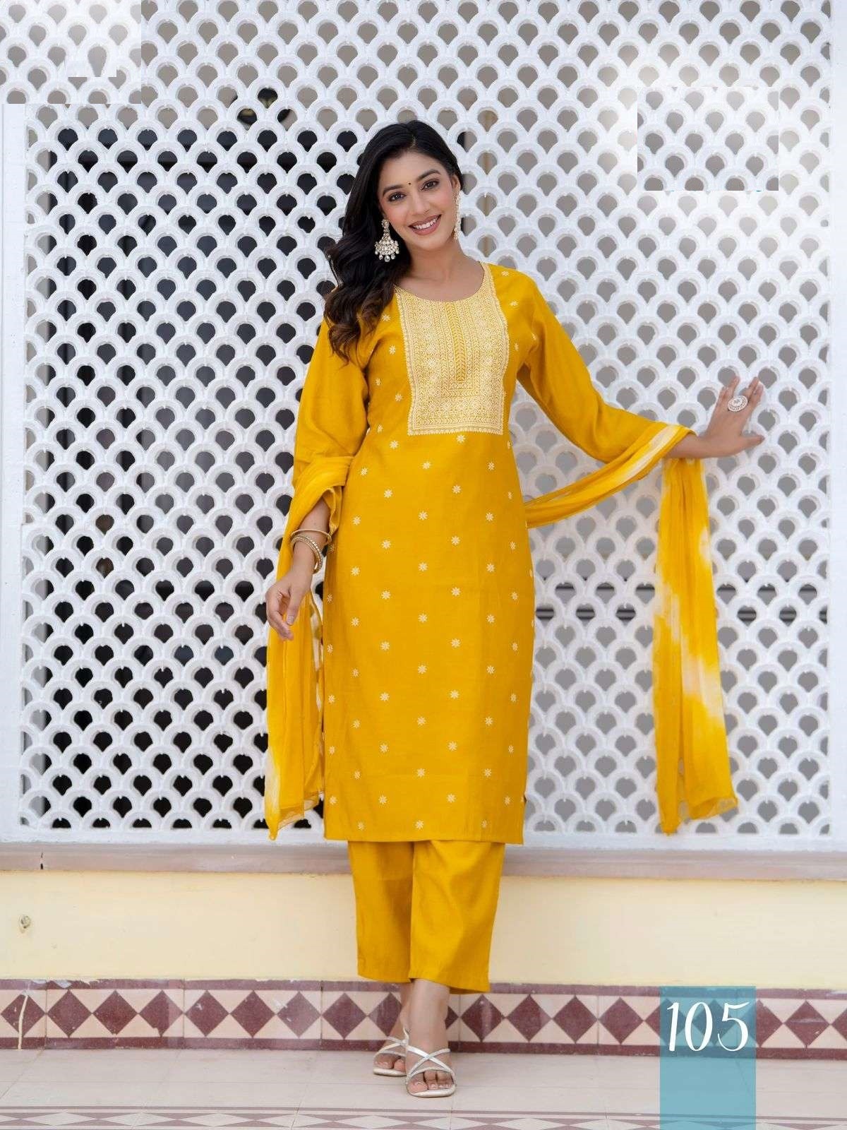Yellow Printed Roman Silk Suit With Soft Silk Dupatta 105