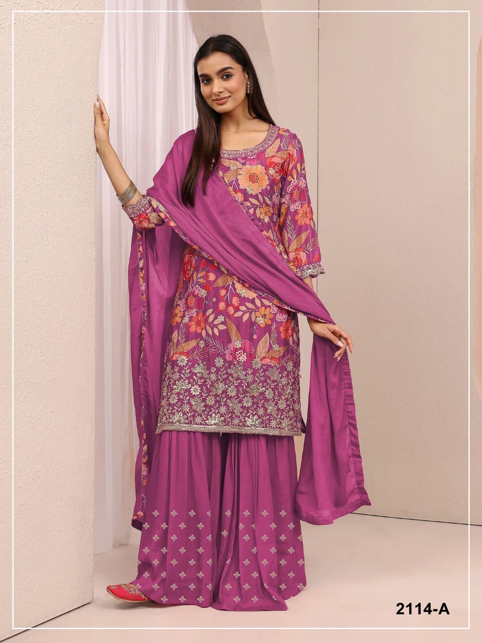 Chinon Silk Floral Print Semi Stitched Ceremonial Suit 2114