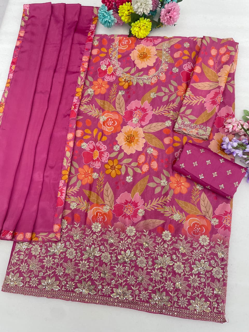 Chinon Silk Floral Print Semi Stitched Ceremonial Suit 2114
