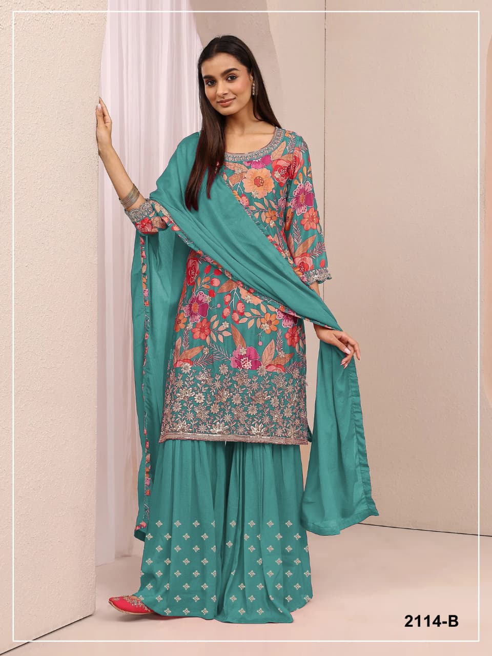 Chinon Silk Floral Print Semi Stitched Ceremonial Suit 2114