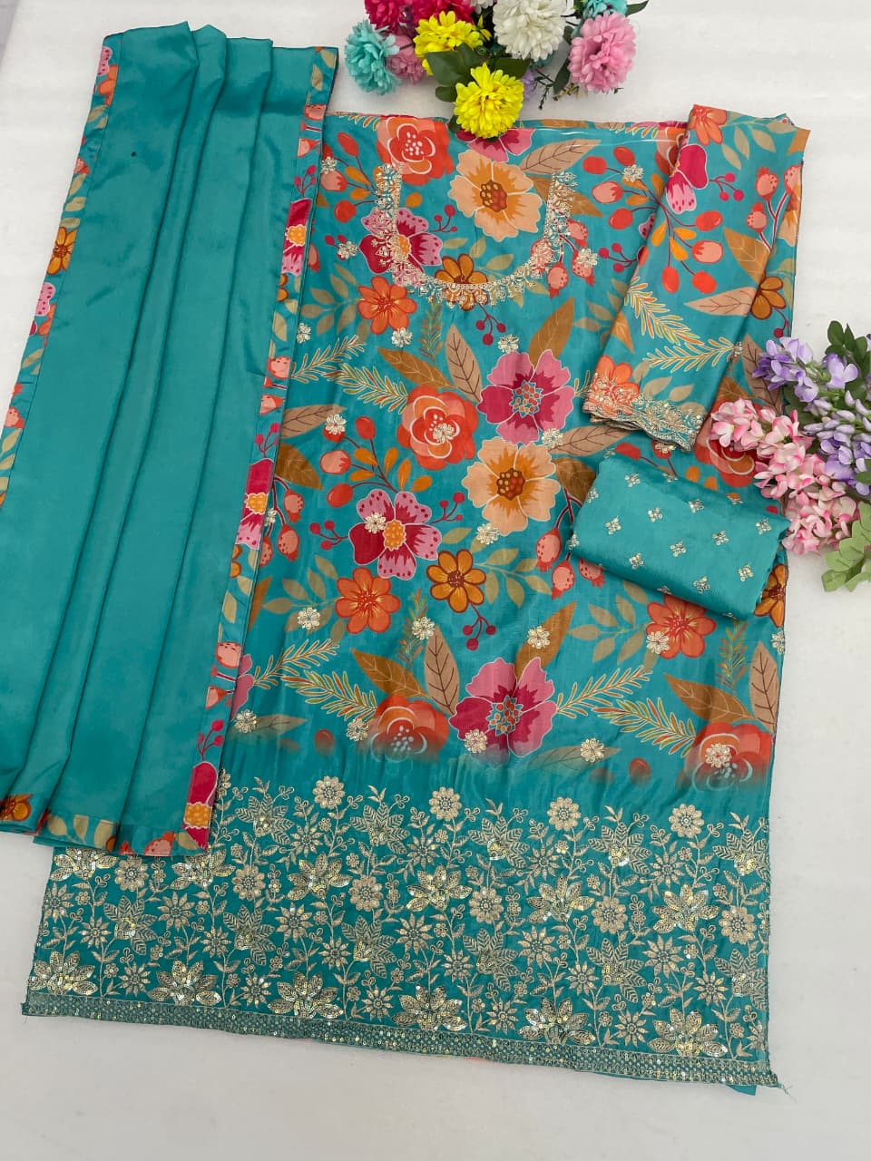 Chinon Silk Floral Print Semi Stitched Ceremonial Suit 2114