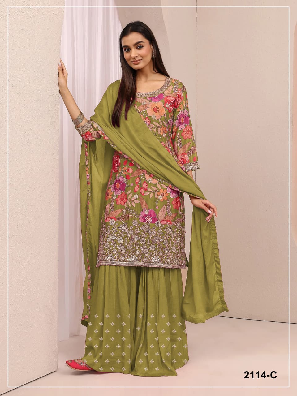Chinon Silk Floral Print Semi Stitched Ceremonial Suit 2114