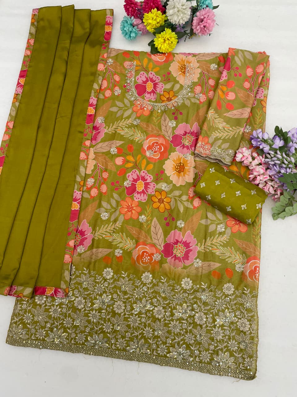 Chinon Silk Floral Print Semi Stitched Ceremonial Suit 2114