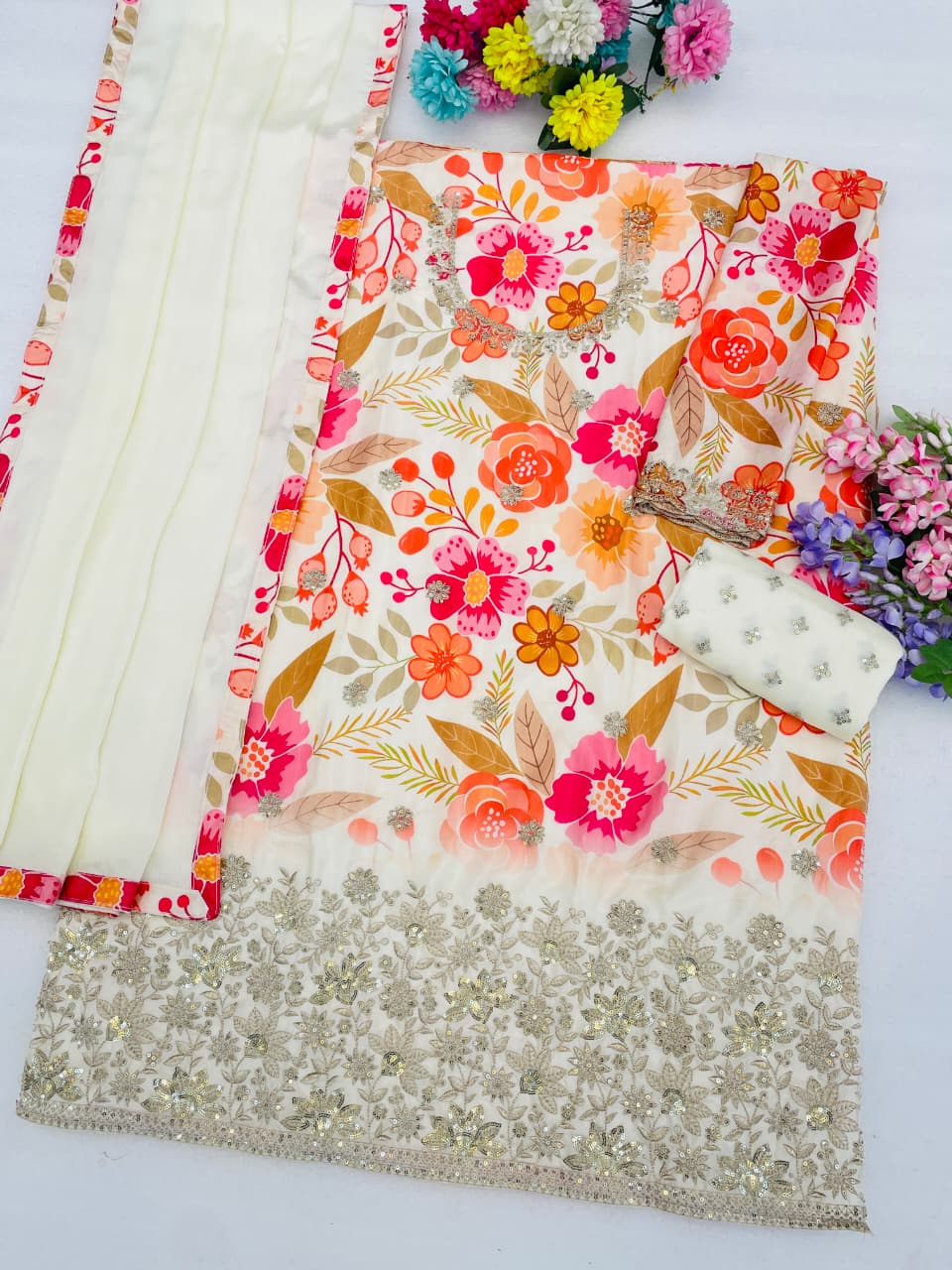 Chinon Silk Floral Print Semi Stitched Ceremonial Suit 2114