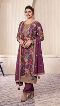 Magenta Floral Print Chinon Silk Plus Size Full Stitched Ceremonial Suit 72061