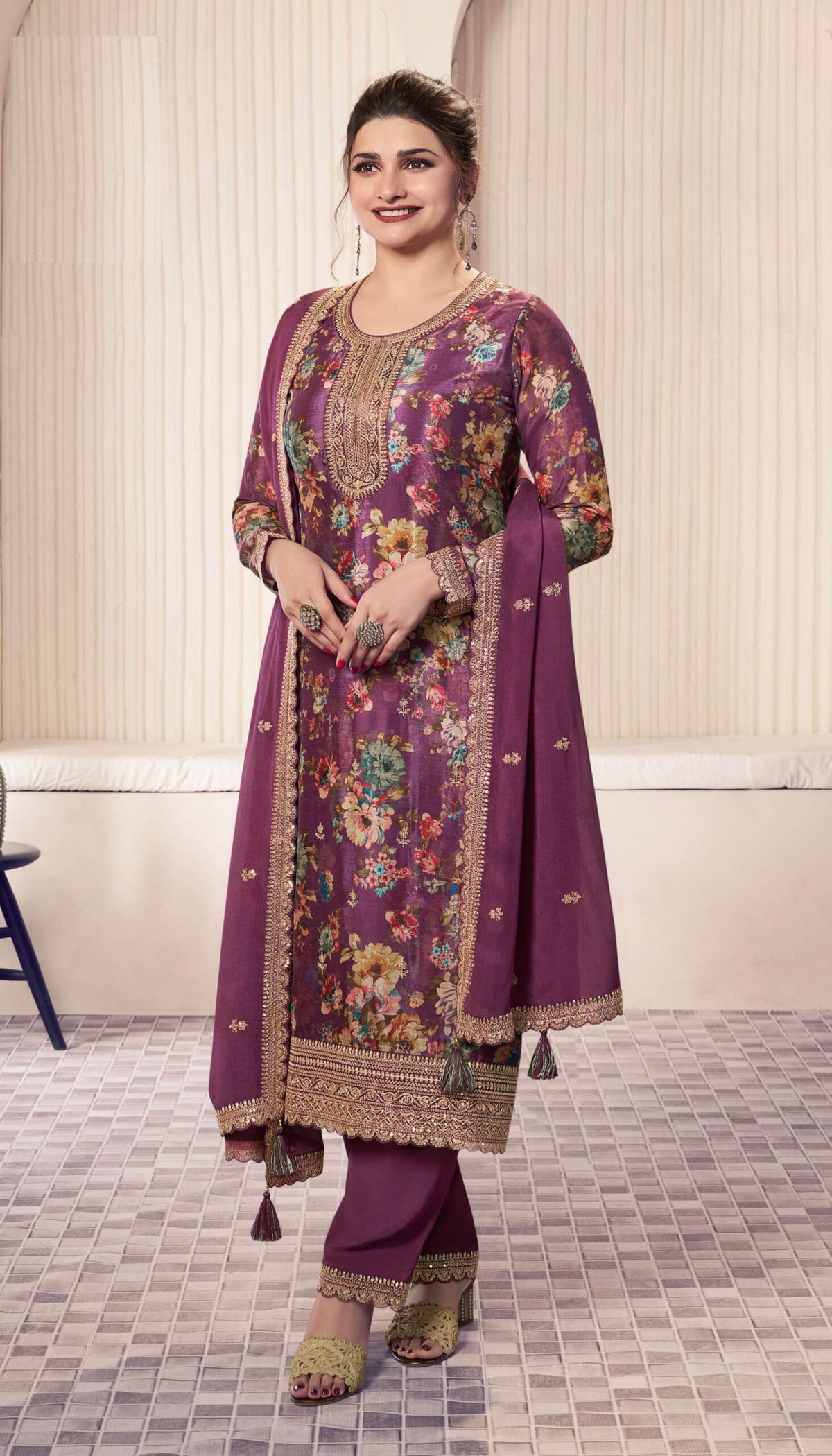Magenta Floral Print Chinon Silk Plus Size Full Stitched Ceremonial Suit 72061