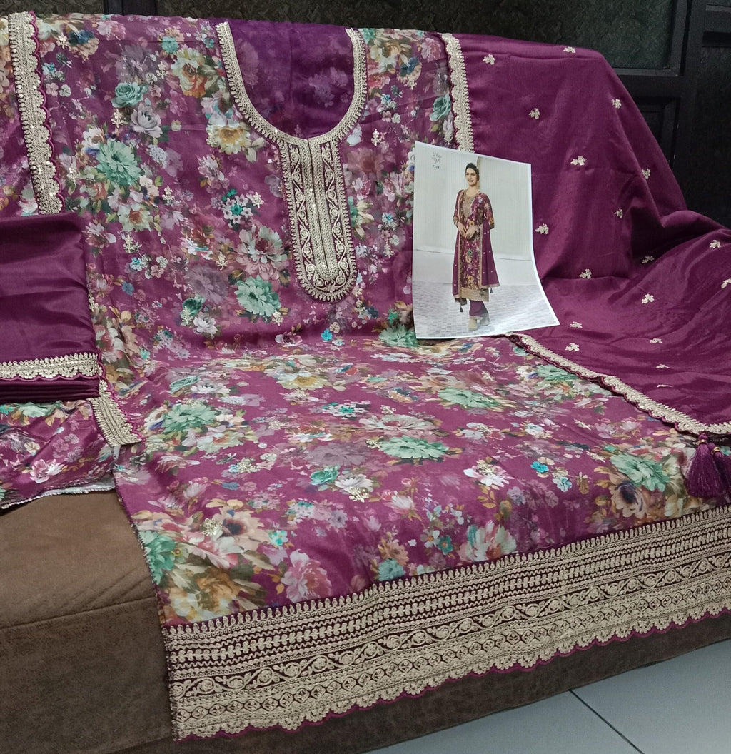 Magenta Floral Print Chinon Silk Plus Size Full Stitched Ceremonial Suit 72061