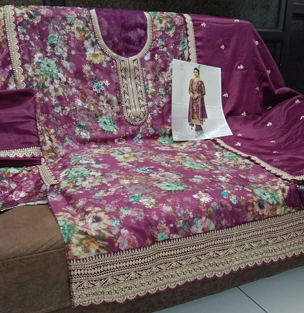 Magenta Floral Print Chinon Silk Plus Size Full Stitched Ceremonial Suit 72061