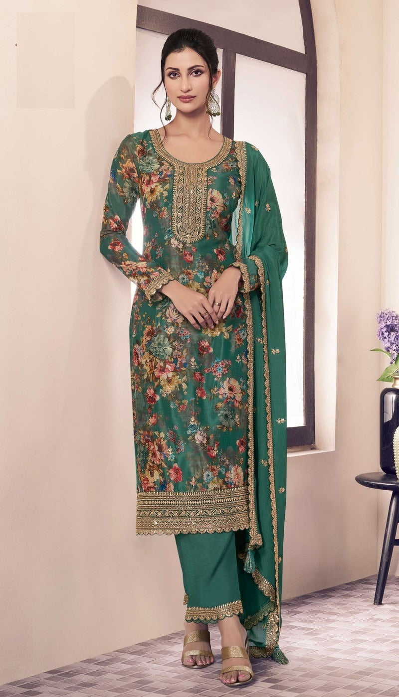 Sea Green Floral Print Chinon Silk Plus Size Semi Stitched Ceremonial Suit 72062