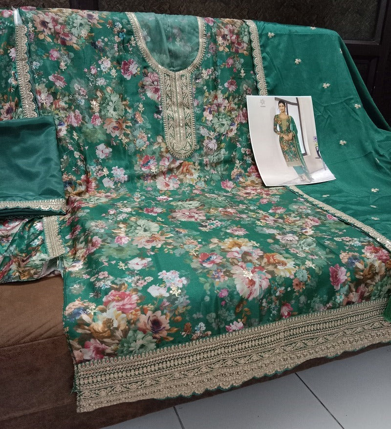 Sea Green Floral Print Chinon Silk Plus Size Semi Stitched Ceremonial Suit 72062