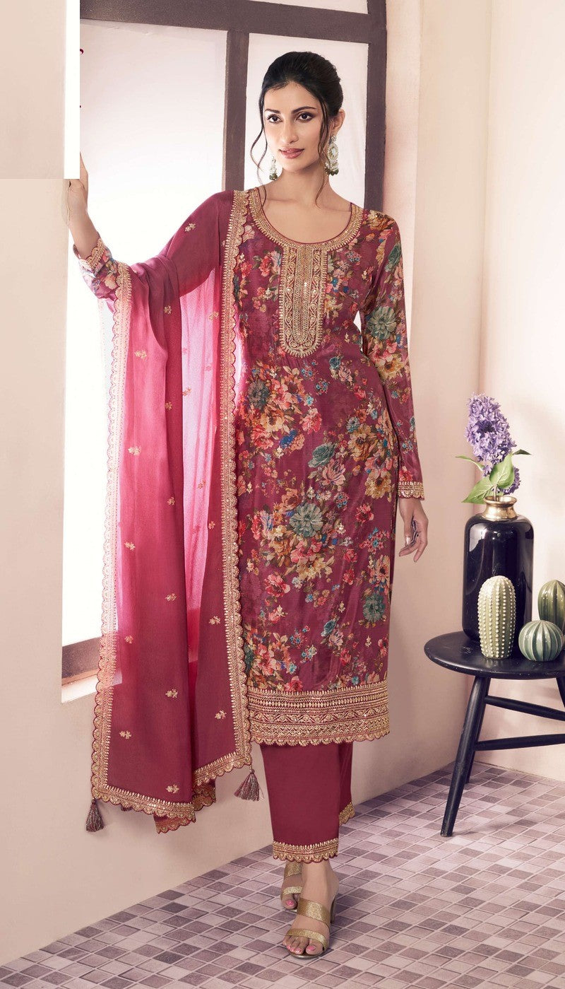 Pink Floral Print Chinon Silk Plus Size Semi Stitched Ceremonial Suit 72064