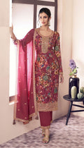 Pink Floral Print Chinon Silk Plus Size Semi Stitched Ceremonial Suit 72064