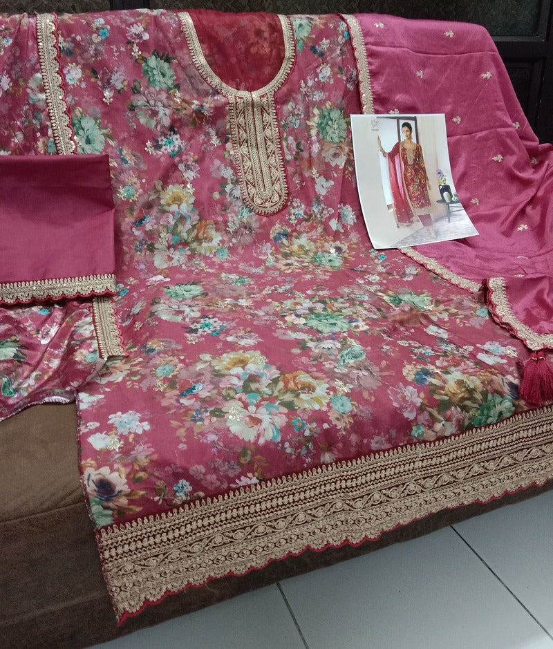 Pink Floral Print Chinon Silk Plus Size Semi Stitched Ceremonial Suit 72064