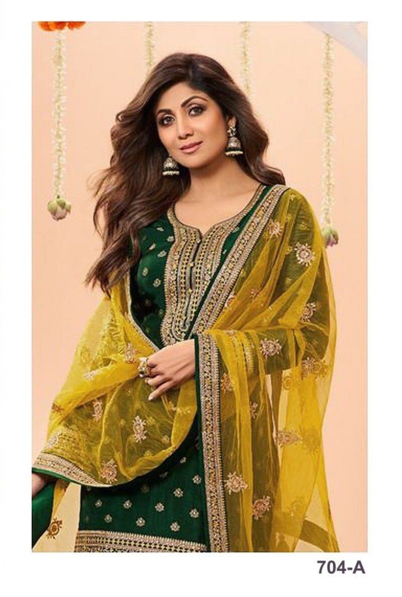 Dark Green Plus Size Jacquard Silk Semi Stitched Patiyala Suit 704A