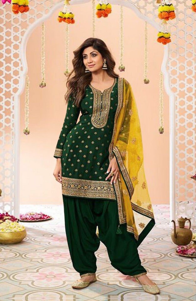 Dark Green Plus Size Jacquard Silk Semi Stitched Patiyala Suit 704A