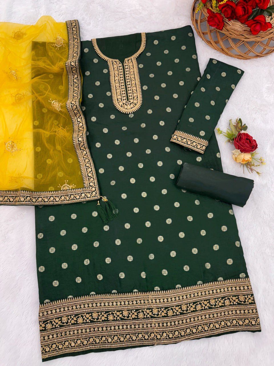Dark Green Plus Size Jacquard Silk Semi Stitched Patiyala Suit 704A