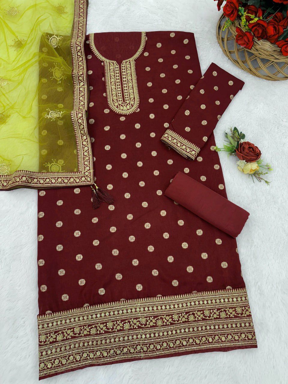 Maroon Plus Size Jacquard Silk Semi Stitched Patiyala Suit 704C