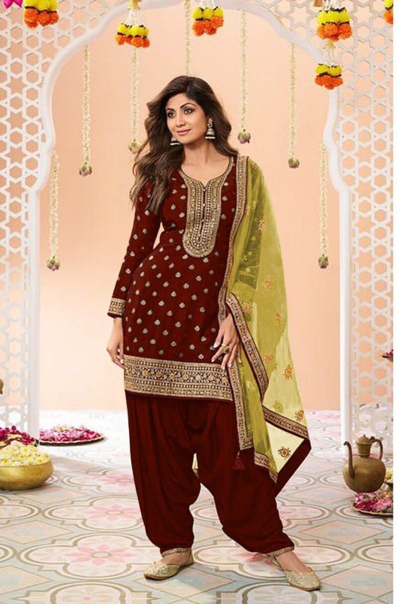 Maroon Plus Size Jacquard Silk Semi Stitched Patiyala Suit 704C
