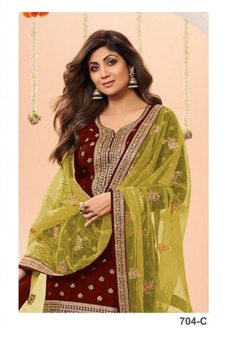 Maroon Plus Size Jacquard Silk Semi Stitched Patiyala Suit 704C