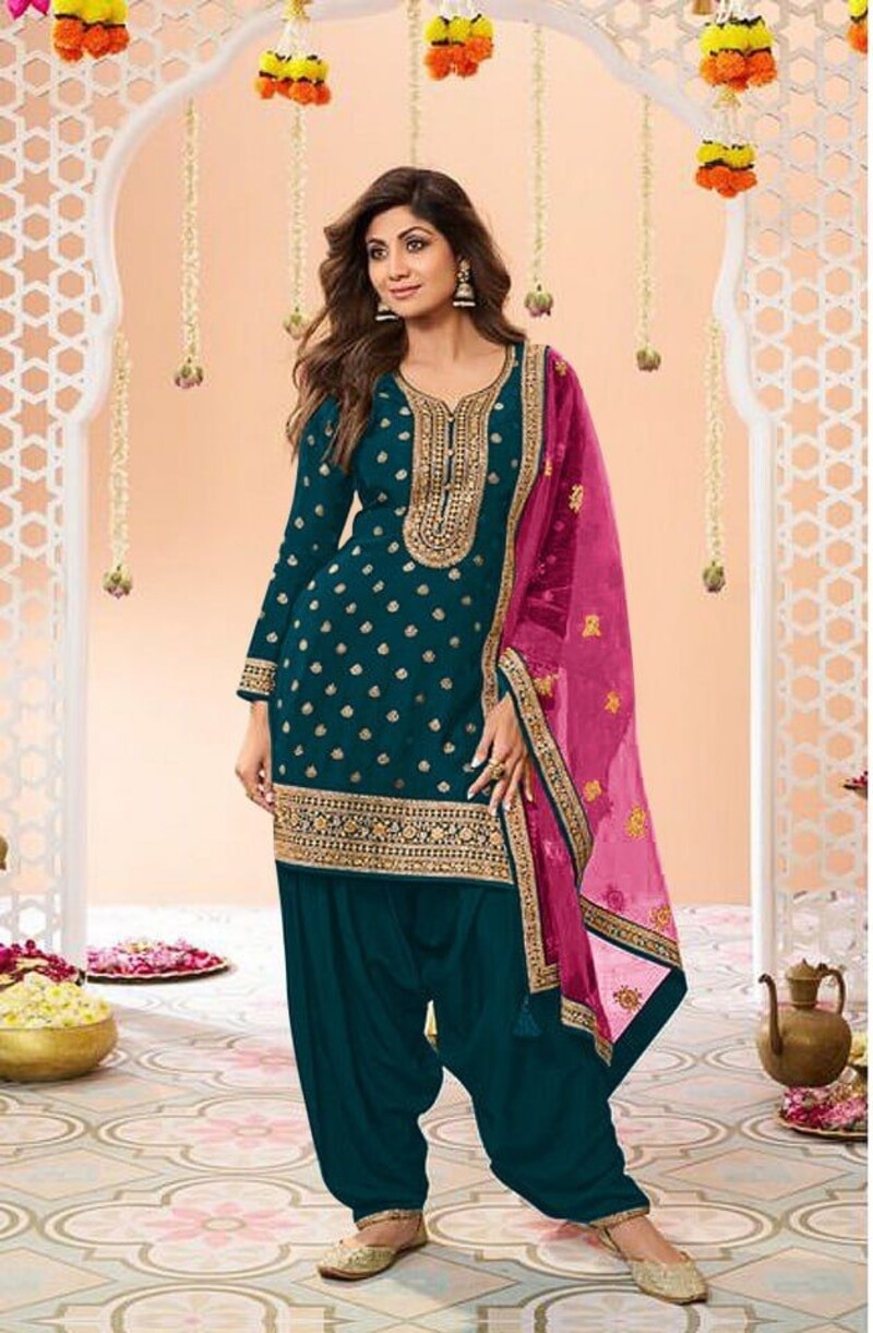 Peacock Blue Plus Size Jacquard Silk Semi Stitched Patiyala Suit 704D