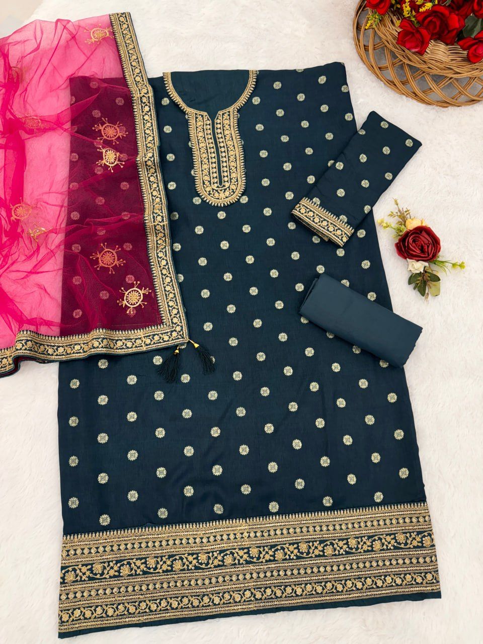 Peacock Blue Plus Size Jacquard Silk Semi Stitched Patiyala Suit 704D