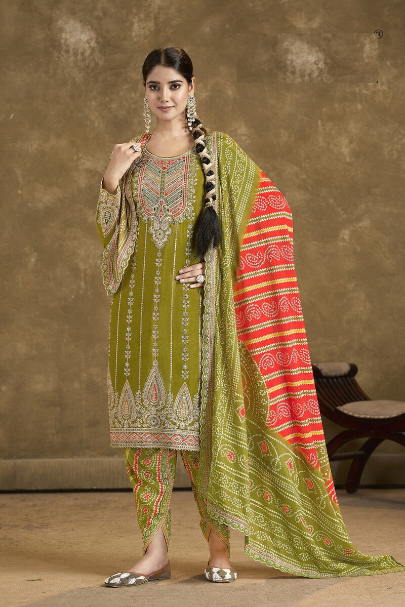 Traditional Bandhani Orange Heavy Embroidery Ceremonial Full Stitched Dhoti Suit 2131