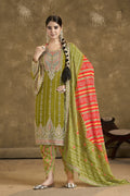 Traditional Bandhani Orange Heavy Embroidery Ceremonial Full Stitched Dhoti Suit 2131
