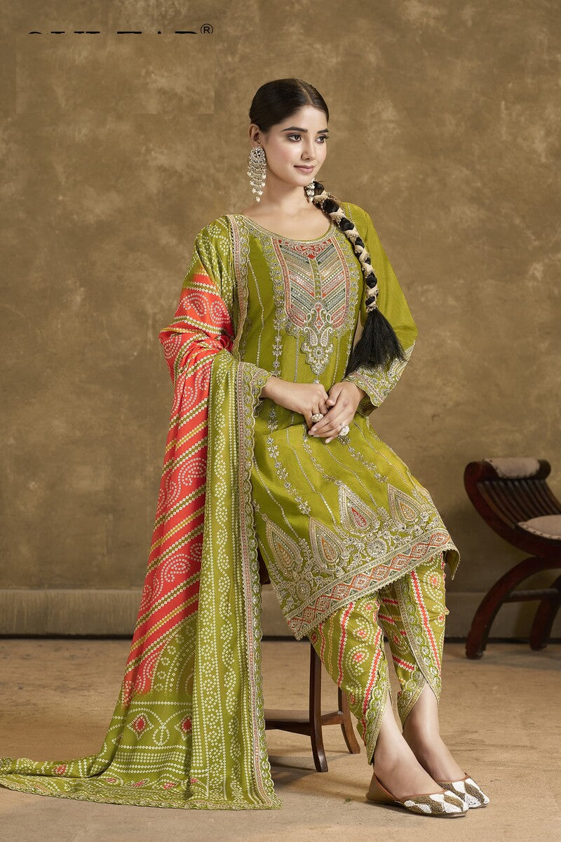 Traditional Bandhani Orange Heavy Embroidery Ceremonial Full Stitched Dhoti Suit 2131